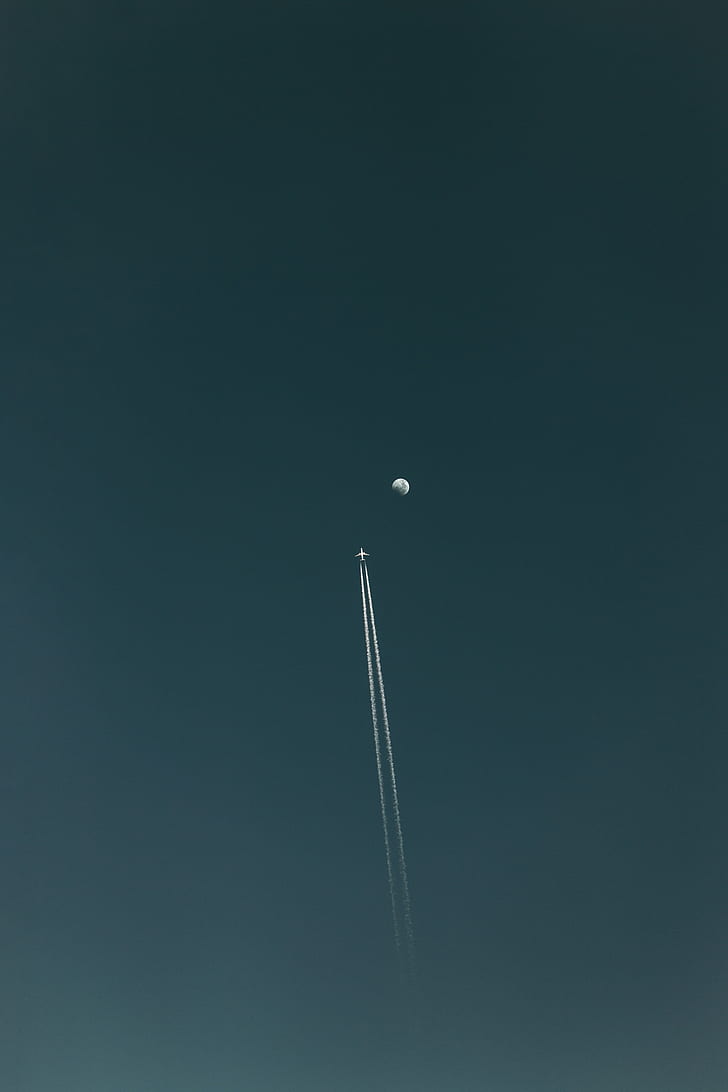 plane, moon, sky, minimalism, flight, trace, HD wallpaper