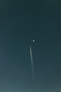 самолет, луна, небе, минимализъм, полет, следа, HD тапет HD wallpaper