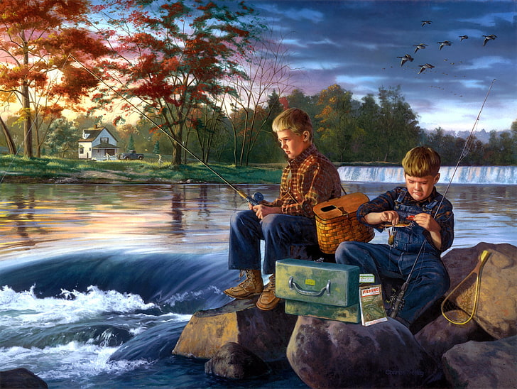 two boys fishing painting, river, stones, fishing, painting, friends, boys, early autumn, Charles Friday, Fishing Buddies, a flock of ducks, HD wallpaper