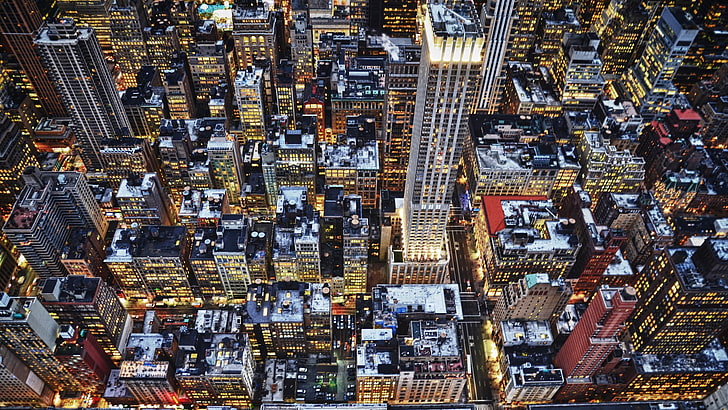 paysage urbain, architecture, ville, New York City, Manhattan, USA, bâtiment, gratte-ciel, vue plongeante, rue, lumières, Fond d'écran HD