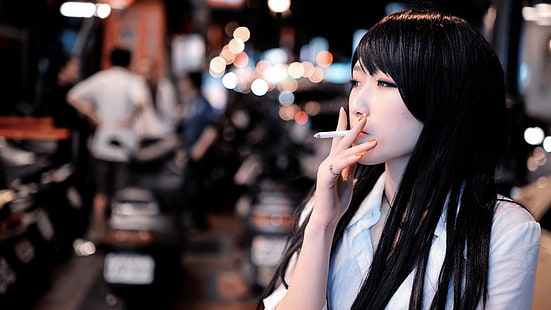 Asiáticos, mulheres, cigarros, morena, fumar, olhando para longe, cabelos longos, HD papel de parede HD wallpaper