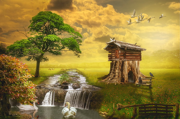 Artistic, Fantasy, Cabin, Field, Meadow, Mute Swan, Tree, Waterfall, HD wallpaper