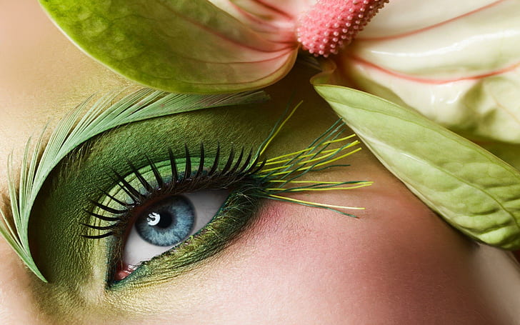 Макияж глаз, женские зеленые тени для век и черная тушь для ресниц, фотография, 2560x1600, женщина, макияж, HD обои