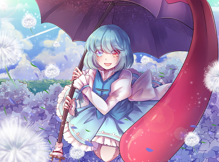 kogasa tatara, touhou, aqua hair, umbrella, smiling, dress, Anime, HD wallpaper