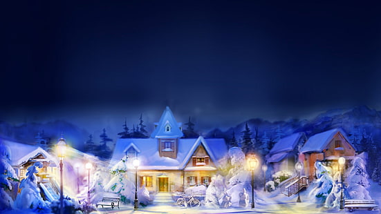 brown houses wallpaper, architecture, building, digital art, painting, town, house, snow, winter, lights, blurred, lamp, Christmas, bench, street, trees, mountains, night, HD wallpaper HD wallpaper
