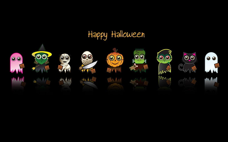 Happy Halloween cartoon illustration, text, background, holiday, black, the inscription, minimalism, Halloween, heroes, horror, cartoon, HD wallpaper