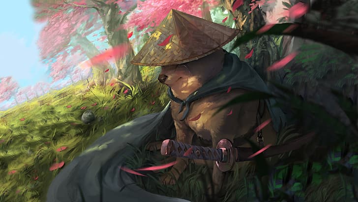 katana, samurai, grass, petals, trees, dog, crying, cloack, HD wallpaper