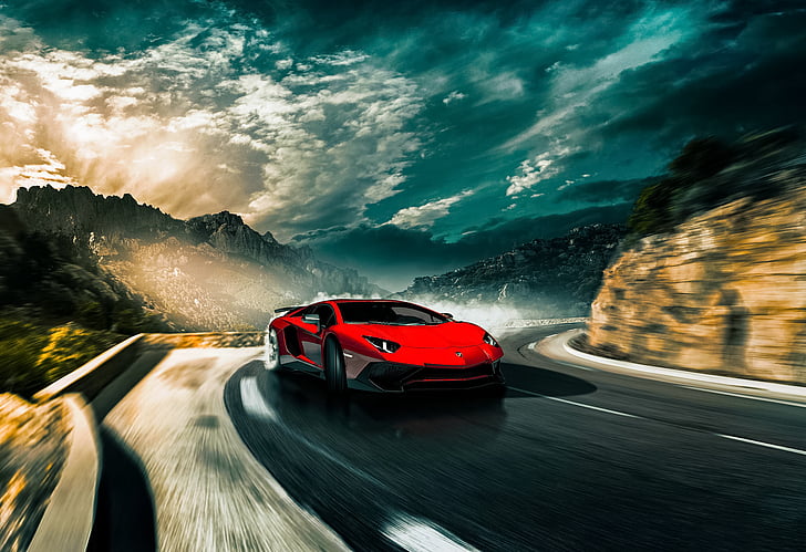 Zeitrafferfoto des roten Coupés auf der Straße, Lamborghini Aventador, LP 750-4 Superveloce, Lamborghini, HD, HD-Hintergrundbild