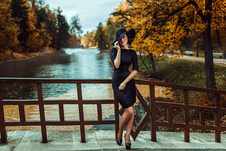 Garota de vestido preto, vestido preto, garota, chapéu, figura, Rússia, HD papel de parede