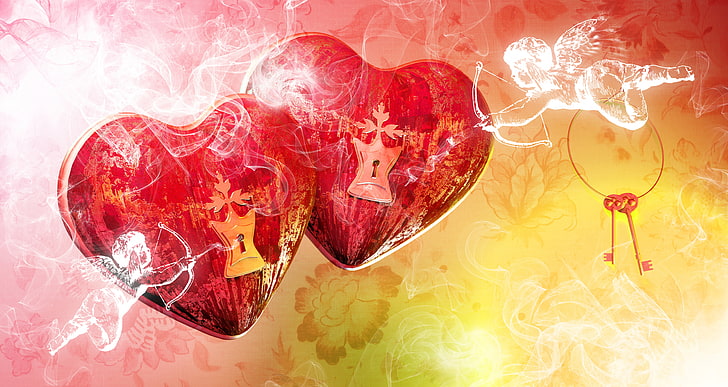 two red heart with cupid digital wallpaper, love, romance, rose, hearts, red, grunge, valentine's day, Cupid, roses, Keys, the day of St., HD wallpaper