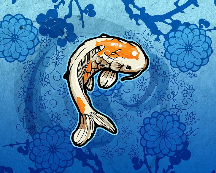 белая и оранжевая кои рыба иллюстрация, фон, обои, рыба, HD обои