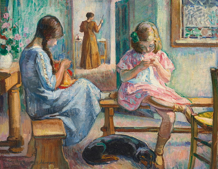 two girls sitting on benches painting, room, girls, dog, picture, genre, Henri Lebacq, Sewing Girls, HD wallpaper