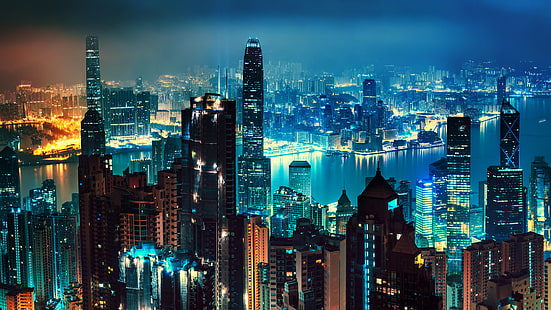 высотные здания, ночь, город, огни, небоскребы, панорама, отражение, городской пейзаж, HD обои HD wallpaper