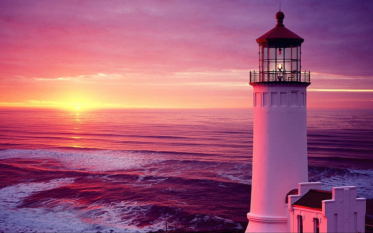 Lighthouse Ocean Sunset HD, natura, ocean, zachód słońca, latarnia morska, Tapety HD