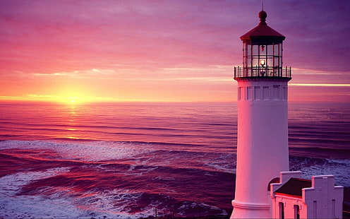 灯台オーシャンサンセットHD、自然、海、日没、灯台、 HDデスクトップの壁紙 HD wallpaper