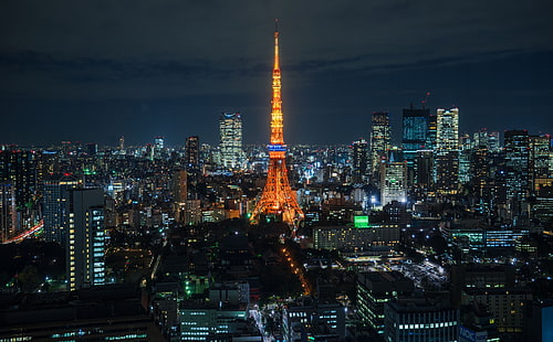 Tokyo Gece Görünümü, Tokyo Kulesi vektör, Asya, Japonya, gece, manzara, şehir, kule, HD masaüstü duvar kağıdı HD wallpaper