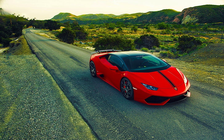 червено Lamborghini Huracan, спортна кола, път, кола, Lamborghini Huracan, червени автомобили, HD тапет