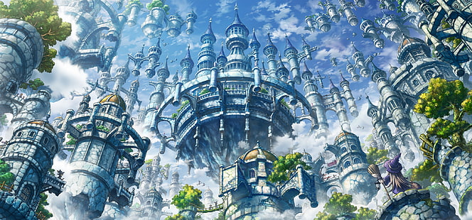 pływający zamek, fantastyczny świat, czarownica, chmury, Fantasy, Tapety HD HD wallpaper