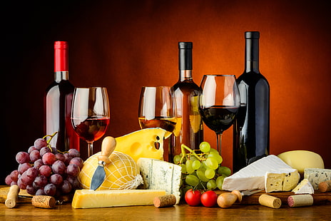 bottiglia, formaggio, bicchiere, uva, vita, fermo, vino, Sfondo HD HD wallpaper