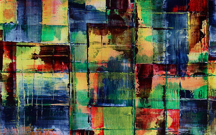 lukisan abstrak hijau, merah, dan biru, penuh warna, abstrak, tekstur, Wallpaper HD