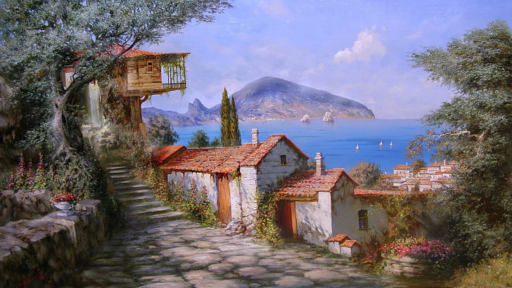 Kota lukisan tepi laut Miliukov, Seaside, Town, Painting, Wallpaper HD