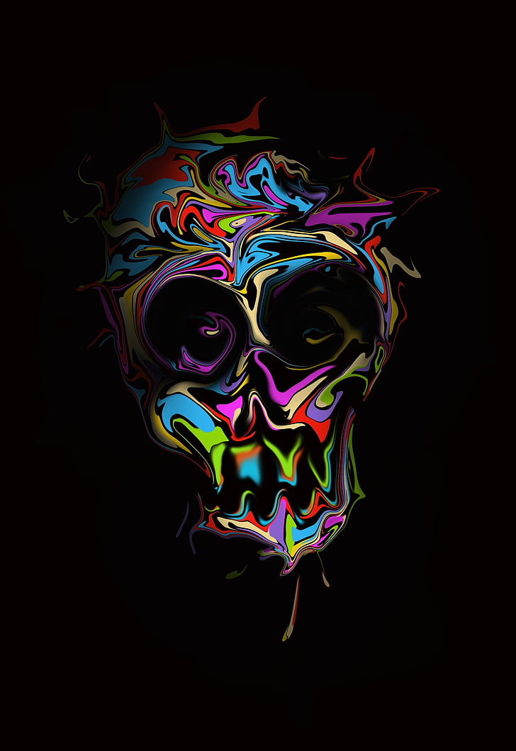 ilustraciones multicolores del cráneo, arte digital, cráneo, fondo simple, colorido, pantalla de retrato, resumen, distorsión, fondo negro, Fondo de pantalla HD, fondo de pantalla de teléfono