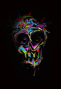 oeuvre de crâne multicolore, art numérique, crâne, fond simple, coloré, affichage de portrait, abstrait, distorsion, fond noir, Fond d'écran HD HD wallpaper