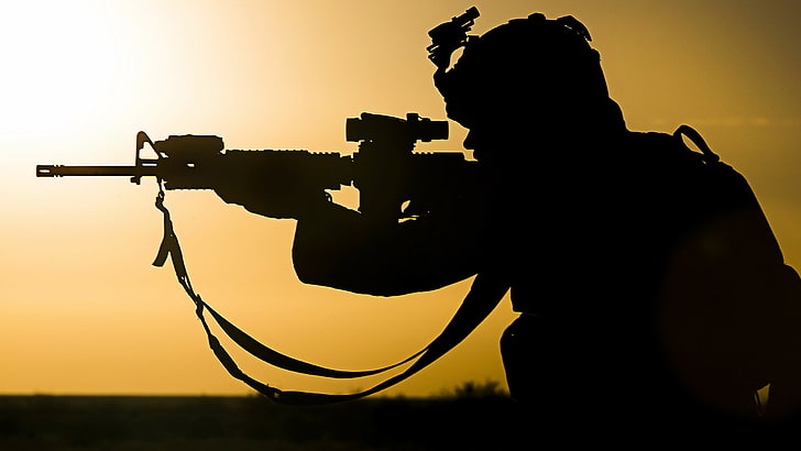 assault rifle, weapons, silhouette, soldiers, HD wallpaper