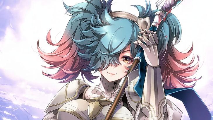 blue and red haired anime character, anime, Pieri (Fire Emblem), Fire Emblem, spear, HD wallpaper