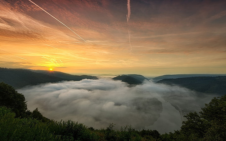 nebbia, paesaggio, natura, fiume, Germania, montagne, foresta, oro, Sfondo HD