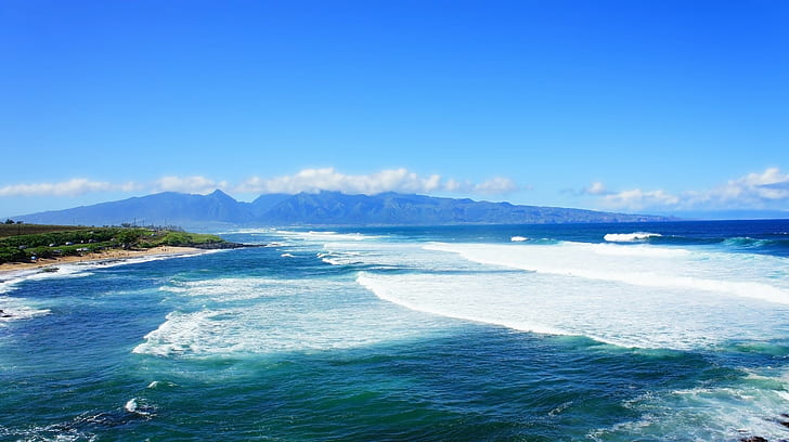 plaża, Hawaje, wyspa Maui, Maui, palmy, las tropikalny, woda tropikalna, wodospad, Tapety HD