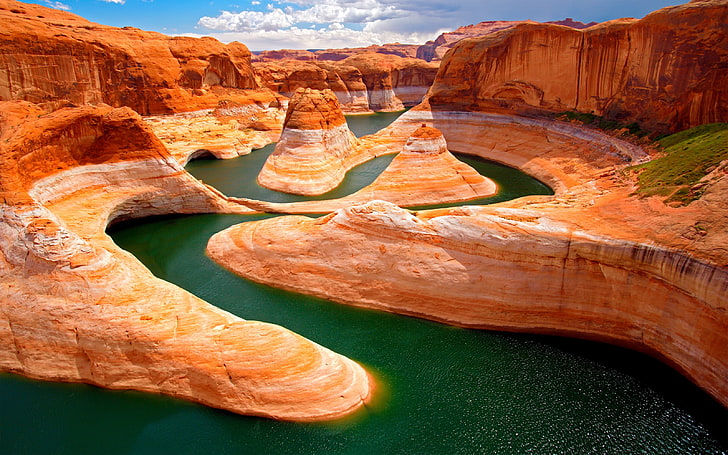paysage, lac, canyon, grès, nature, roche, rivière, Grand Canyon, Etats-Unis, eau, orange, vert, lumière du soleil, nuages, ciel, mousse, Fond d'écran HD