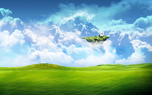 поле зеленой травы и иллюстрации облаков, зелень, поле, небо, трава, облака, фантастика, земля, HD обои HD wallpaper