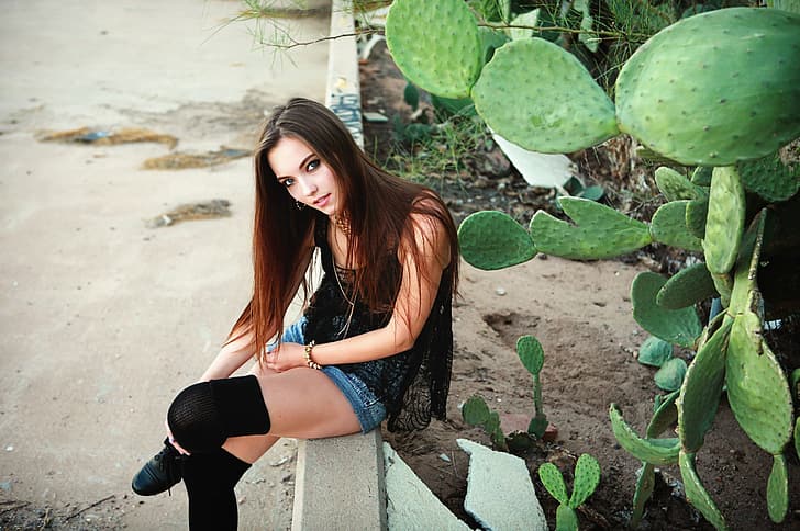 girl, shorts, long hair, legs, brown hair, photo, blue eyes, model, lips, face, brunette, plant, sitting, socks, portrait, cactus, mouth, tank top, looking at camera, straight hair, bare shoulders, legs crossed, jean shorts, looking at viewer, short shorts, knee-highs, Savvy Taylor, HD wallpaper