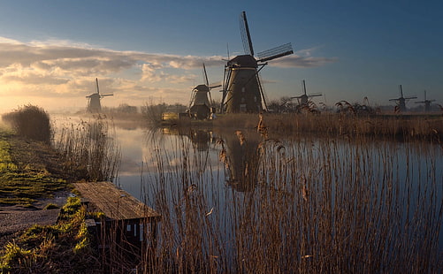 Byggnader, väderkvarn, dimma, Nederländerna, reflektion, flod, HD tapet HD wallpaper