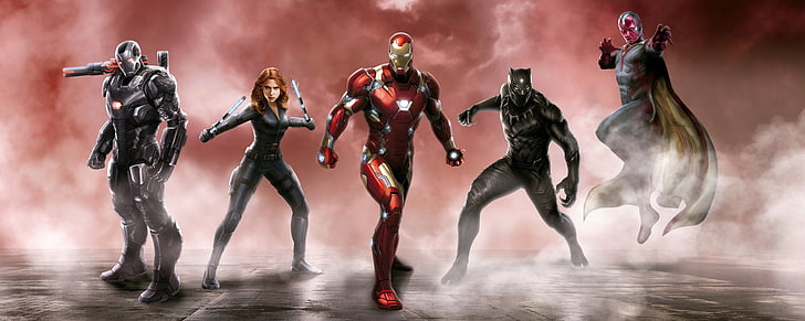 Marvel Superheroes цифровые обои, Капитан Америка, Капитан Америка: Гражданская война, Черная пантера (комиксы Marvel), Черная вдова, Железный человек, Vision (комиксы Marvel), War Machine, HD обои