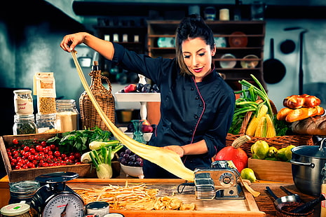 traje de chef rojo y negro para mujer, cocinero, productos, cocina, pasta, Fondo de pantalla HD HD wallpaper