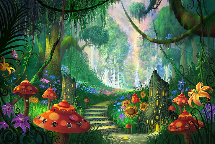 Artistic, Fantasy, Colorful, Flower, Forest, Mushroom, Stairs, HD wallpaper