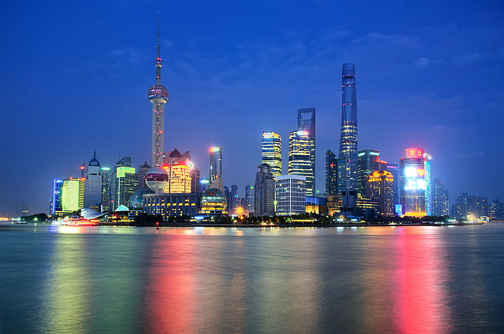 нощ, светлини, отражение, огледало, Китай, Шанхай, Ориенталска перлена кула, Шанхайска кула, Световният финансов център в Шанхай, река Хуанпу, HD тапет
