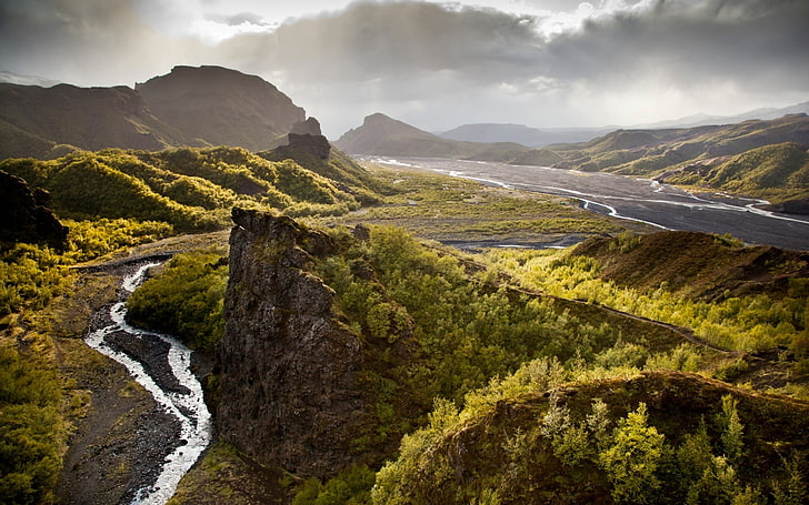 chaîne de montagnes, nature, paysage, Islande, rivière, collines, forêt, Fond d'écran HD