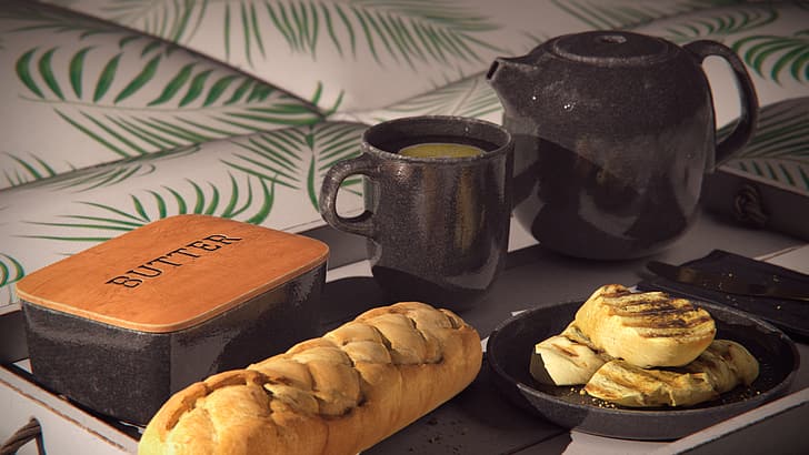 CGI, дигитално изкуство, рендериране, рендиране, 3D графика, закуска, нощувка със закуска, чай, хляб, храна, HD тапет