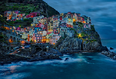 panoramic photography of Cinque Terre, Cinque Terre, Evening Falls, panoramic photography, Terra, Italy, com, Town, Cliff, Colourful, Colorful, Dark  Night, Night Time, Mysterious, Lights, Light, Glowing, Houses, House, Village, Daily, Outdoor, Outdoors, Outside, HDR Photography, tutorial, Colour, Color, Horizontal, Tower, Ocean, Bay, Gulf, Water, East, Orange, Purple, White, Black  City, Hasselblad, May, sea, manarola, coastline, europe, liguria, rock - Object, HD wallpaper HD wallpaper
