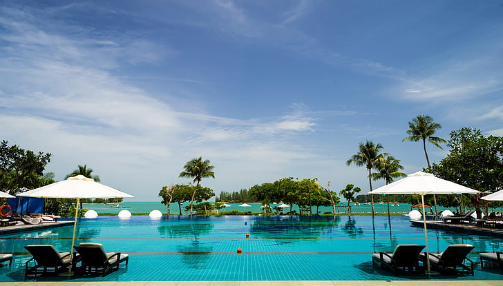 sea, the sky, tropics, palm trees, pool, resort, Malaysia, sun loungers, Longkawi, HD wallpaper