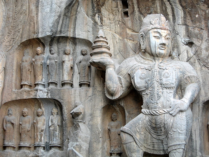 estátua de Buda de concreto cinza, grutas de longman, cavernas, figura, forma, manchas, imagem, HD papel de parede
