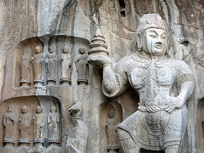 تمثال بوذا الخرساني الرمادي ، كهوف لونجمان ، الكهوف ، الشكل ، الشكل ، البقع ، الصورة، خلفية HD HD wallpaper