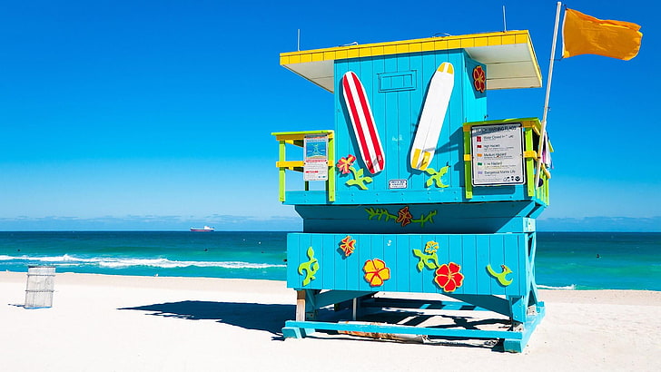 ライフガード、タワー、マイアミ、ビーチ、砂、白い砂浜、アメリカ合衆国、アメリカ、マイアミビーチ、フロリダ、青い空、夏、休暇、青い海、 HDデスクトップの壁紙