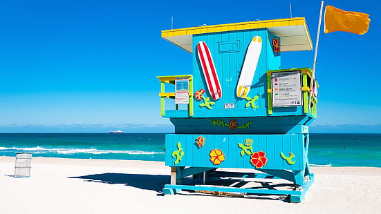 lifeguard, tower, miami, beach, sand, white sand, united states, usa, miami beach, florida, blue sky, summer, vacation, blue ocean, HD wallpaper HD wallpaper