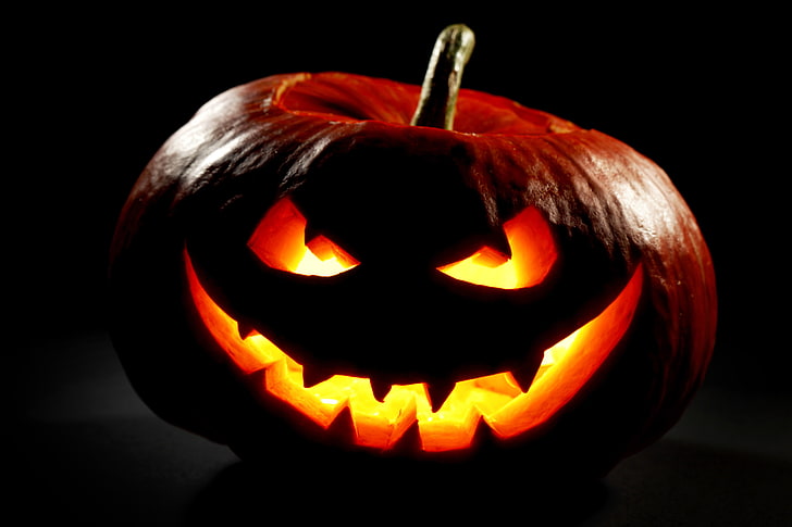 red Jack-o'-lantern pumpkin, autumn, night, Halloween, pumpkin, smile, face, holiday, HD wallpaper