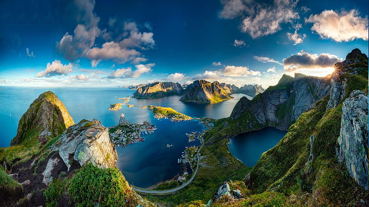Планински пейзаж Природа Море Слънце Небе Облаци Норвегия Hd Wallpaper, HD тапет