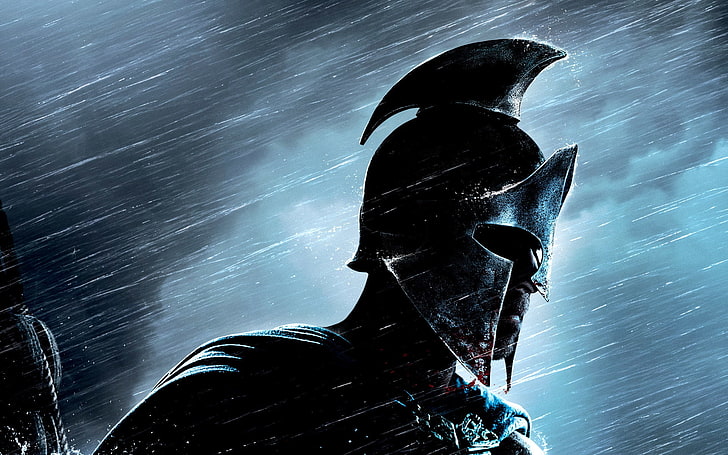 uomo che indossa il casco illustrazione, pioggia, guerriero, casco, 300: Rise of an Empire, 300 Spartans: rise of an Empire, Sfondo HD